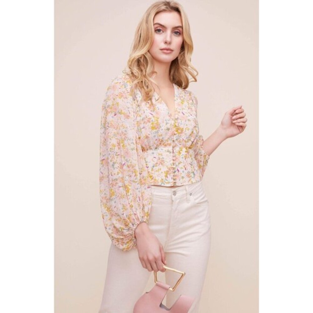 ASTR The Label Pink Blouse Volume Sleeve Floral Top Blush Top SZ XS NWT
